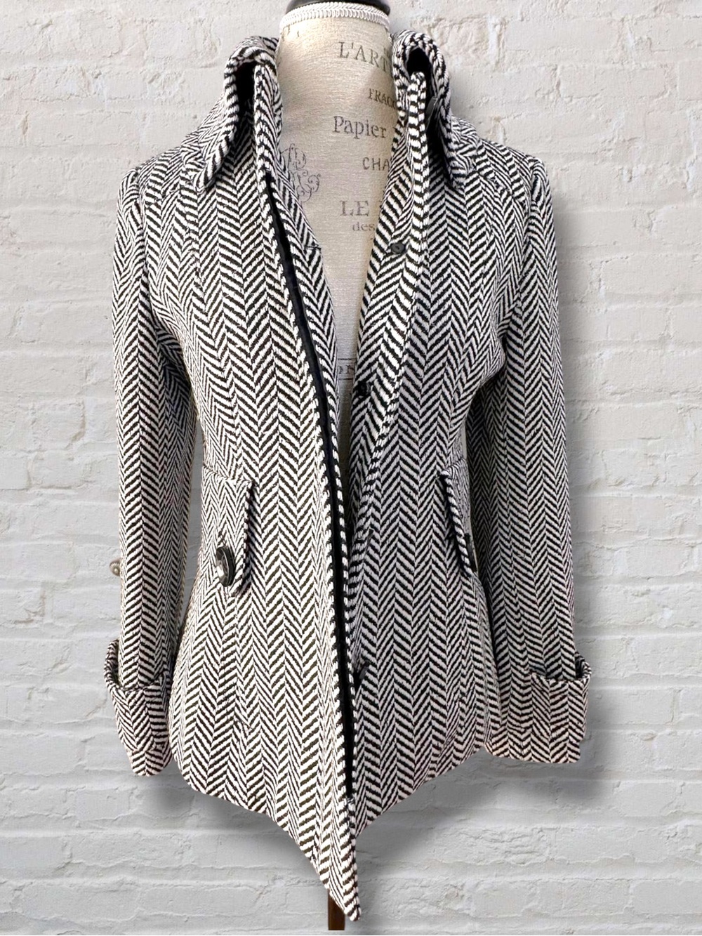 Nicole Benisti Point Zero Vintage Herringbone Asymmetric Coat Black White S